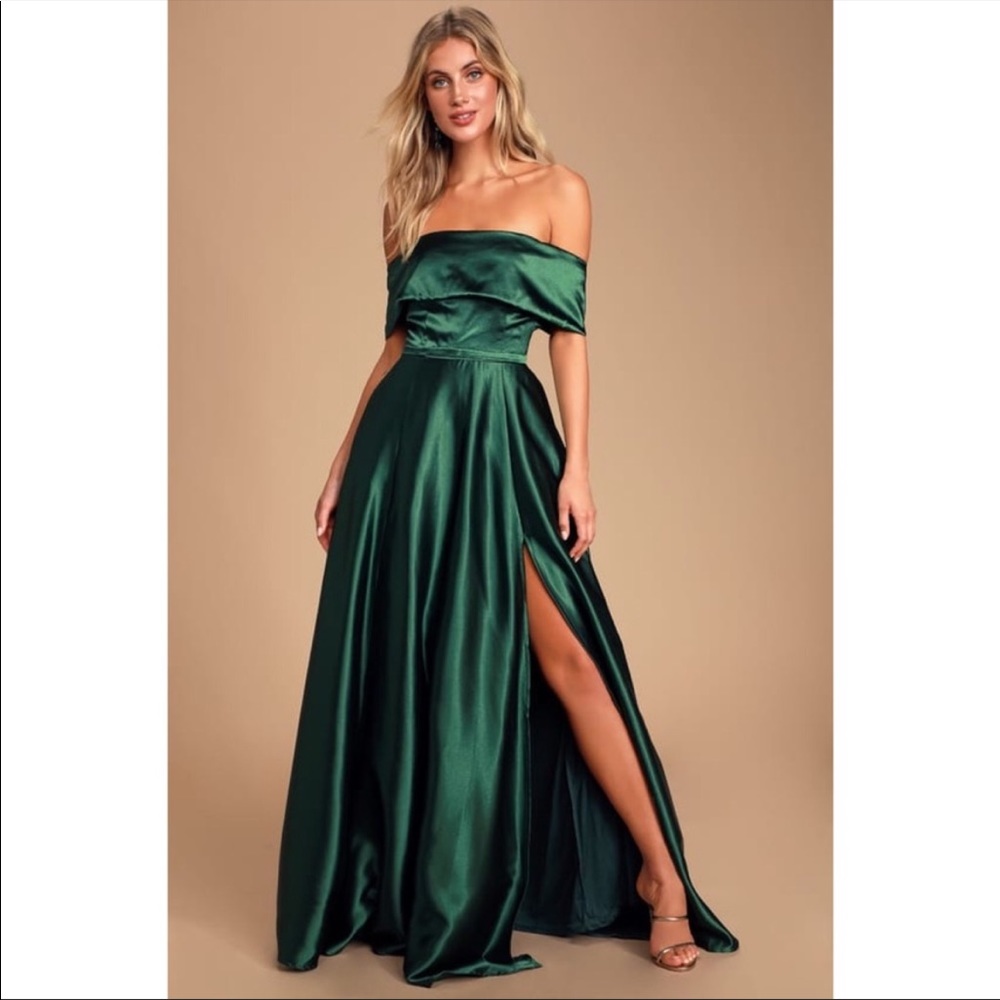 Lulus 
Greatest Hits Forest Green Satin Off-the-Shoulder Maxi Dress